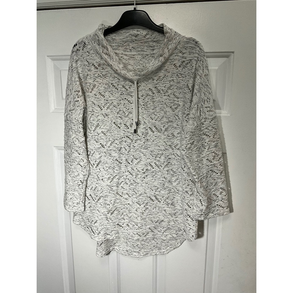 Women White Grey Pointelle Knit Cowl Neck High Low Drawstring Tunic Top